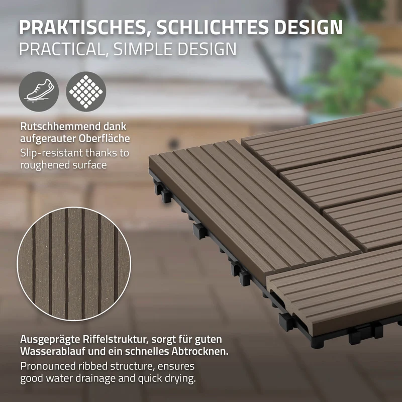 WPC Terrassenfliesen 30x30 cm 44er Set für 4m² Dunkelbraun in Holzoptik Mosaik mit Drainage und Klicksystem