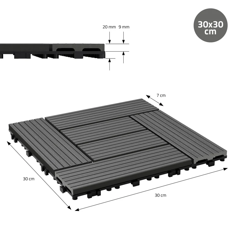 WPC Terrassenfliesen 30x30 cm 11er Set für 1m² Hellbraun in Holzoptik Mosaik mit Drainage und Klicksystem