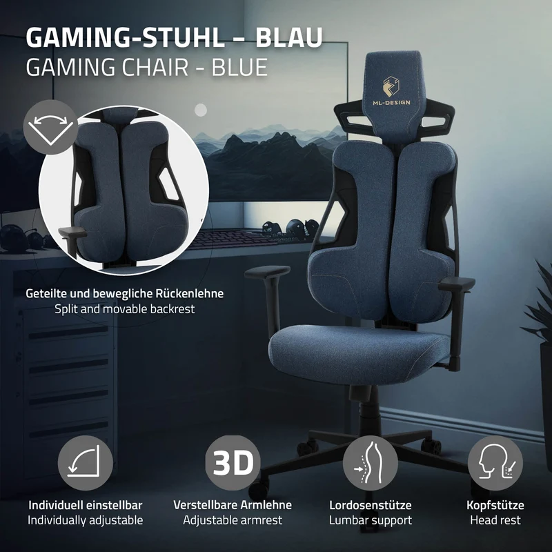 Gaming Stuhl mit Armlehne, Kopfstütze und Lordosenstütze Blau, aus Stoff ML-Design