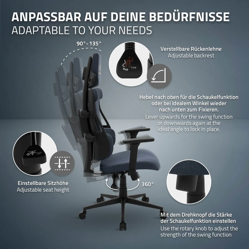 Gaming Stuhl mit Armlehne, Kopfstütze und Lordosenstütze Blau, aus Stoff ML-Design