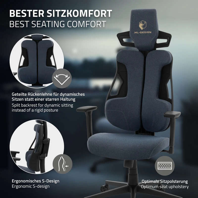 Gaming Stuhl mit Armlehne, Kopfstütze und Lordosenstütze Blau, aus Stoff ML-Design