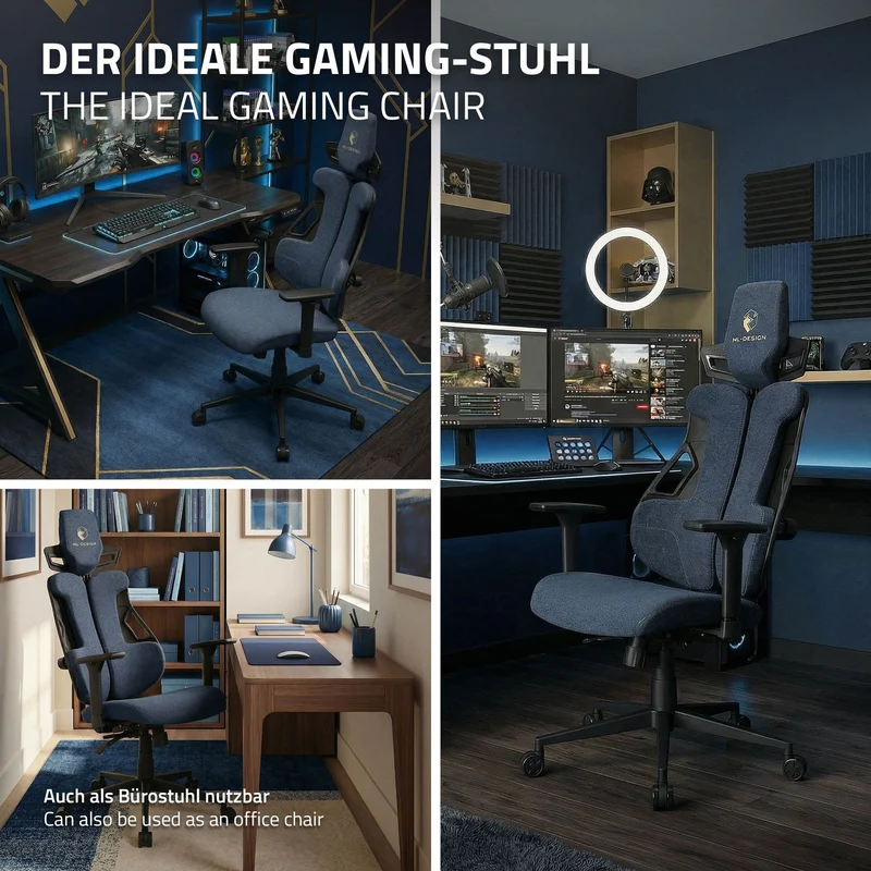 Gaming Stuhl mit Armlehne, Kopfstütze und Lordosenstütze Blau, aus Stoff ML-Design
