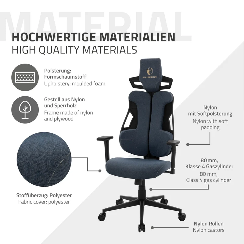 Gaming Stuhl mit Armlehne, Kopfstütze und Lordosenstütze Blau, aus Stoff ML-Design