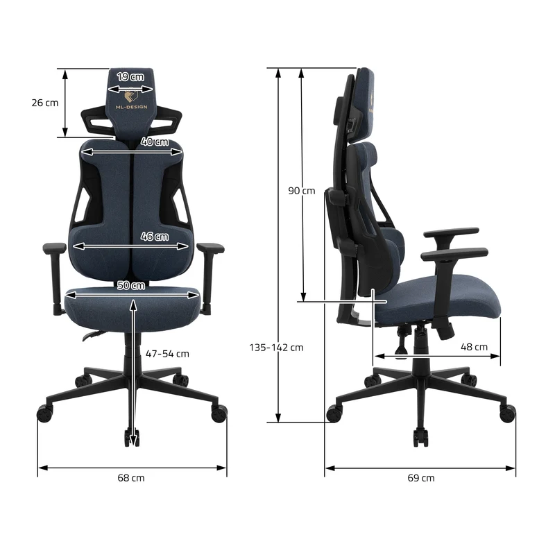 Gaming Stuhl mit Armlehne, Kopfstütze und Lordosenstütze Blau, aus Stoff ML-Design