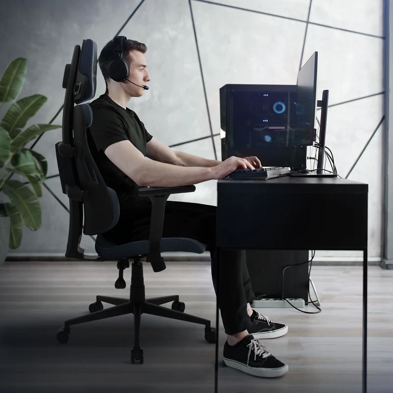 Gaming Stuhl mit Armlehne, Kopfstütze und Lordosenstütze Blau, aus Stoff ML-Design