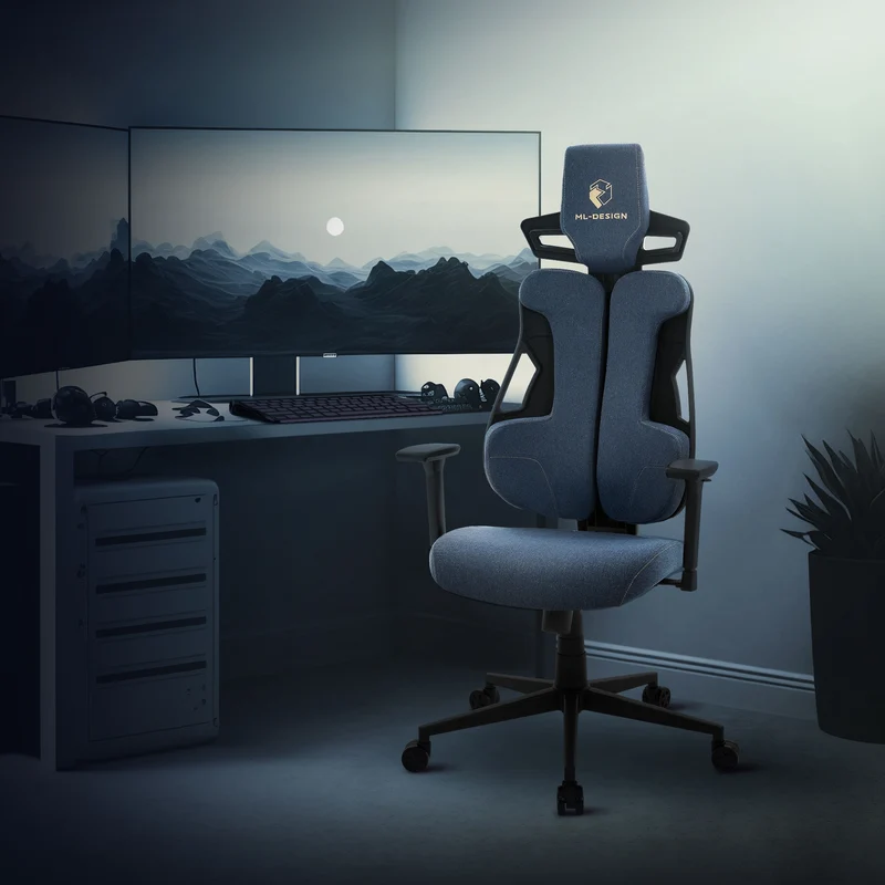 Gaming Stuhl mit Armlehne, Kopfstütze und Lordosenstütze Blau, aus Stoff ML-Design