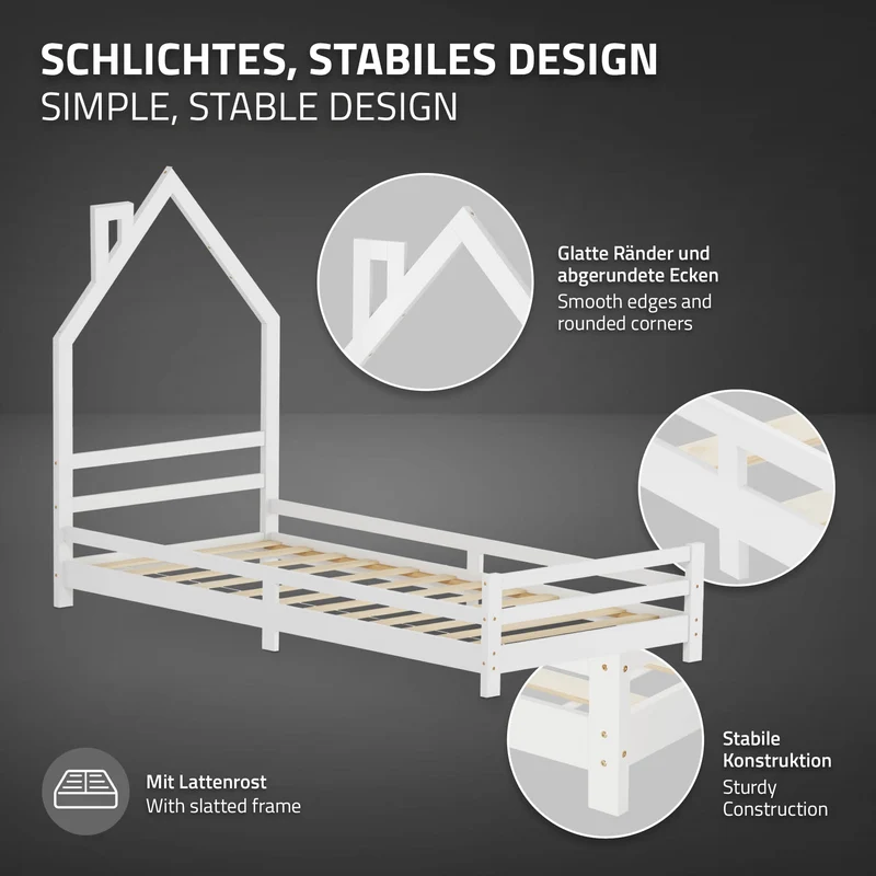 Kinderbett Haus 90x200 cm Weiß Hausbett für Kinder Holzbett mit Lattenrost Schornstein Design ML-Design