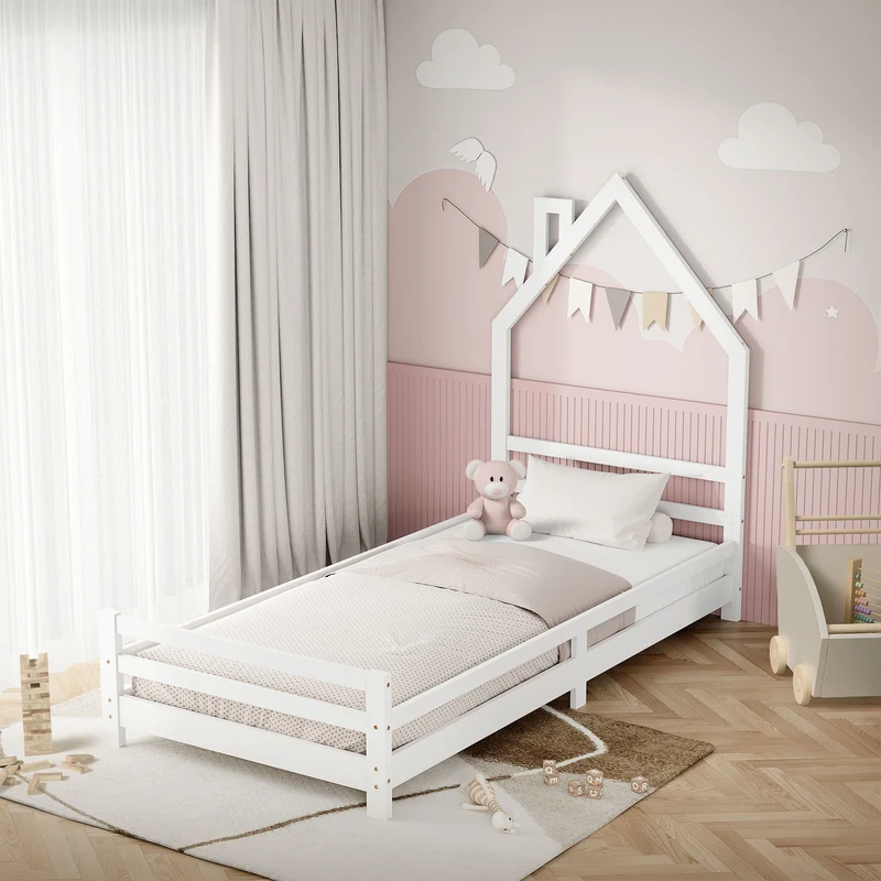 Kinderbett Haus 90x200 cm Weiß Hausbett für Kinder Holzbett mit Lattenrost Schornstein Design ML-Design