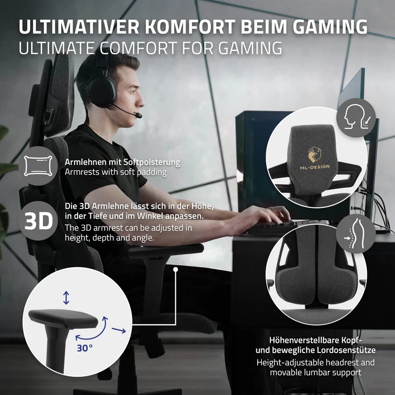 Gaming Stuhl mit Armlehne, Kopfstütze und Lordosenstütze Grau, aus Stoff ML-Design