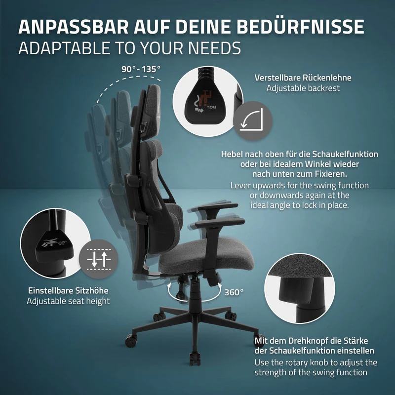 Gaming Stuhl mit Armlehne, Kopfstütze und Lordosenstütze Grau, aus Stoff ML-Design