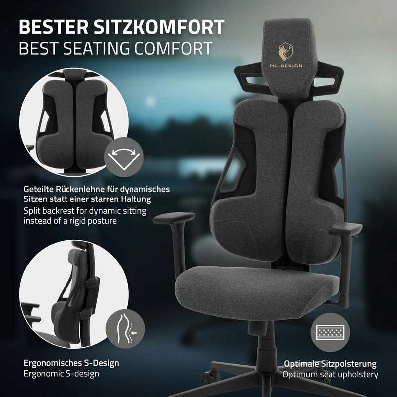 Gaming Stuhl mit Armlehne, Kopfstütze und Lordosenstütze Grau, aus Stoff ML-Design