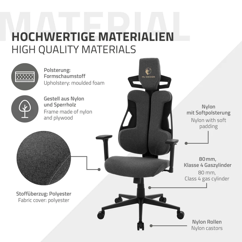 Gaming Stuhl mit Armlehne, Kopfstütze und Lordosenstütze Grau, aus Stoff ML-Design