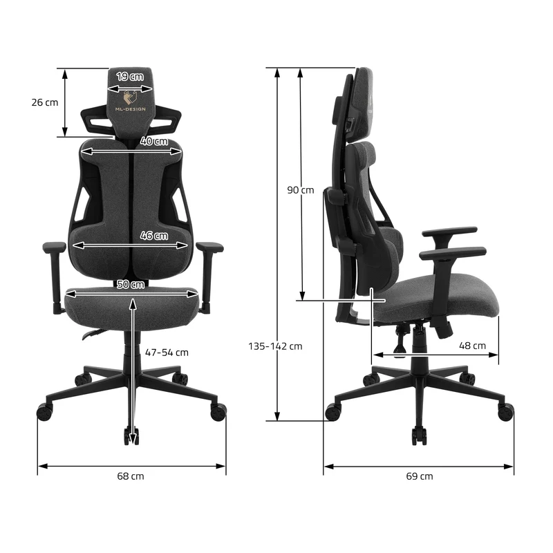 Gaming Stuhl mit Armlehne, Kopfstütze und Lordosenstütze Grau, aus Stoff ML-Design
