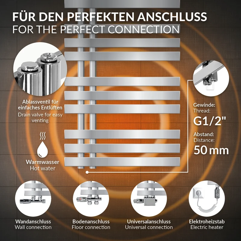 Badheizkörper Mittelanschluss 600x1600 mm Chrom mit Heizstab 1200W LuxeBath