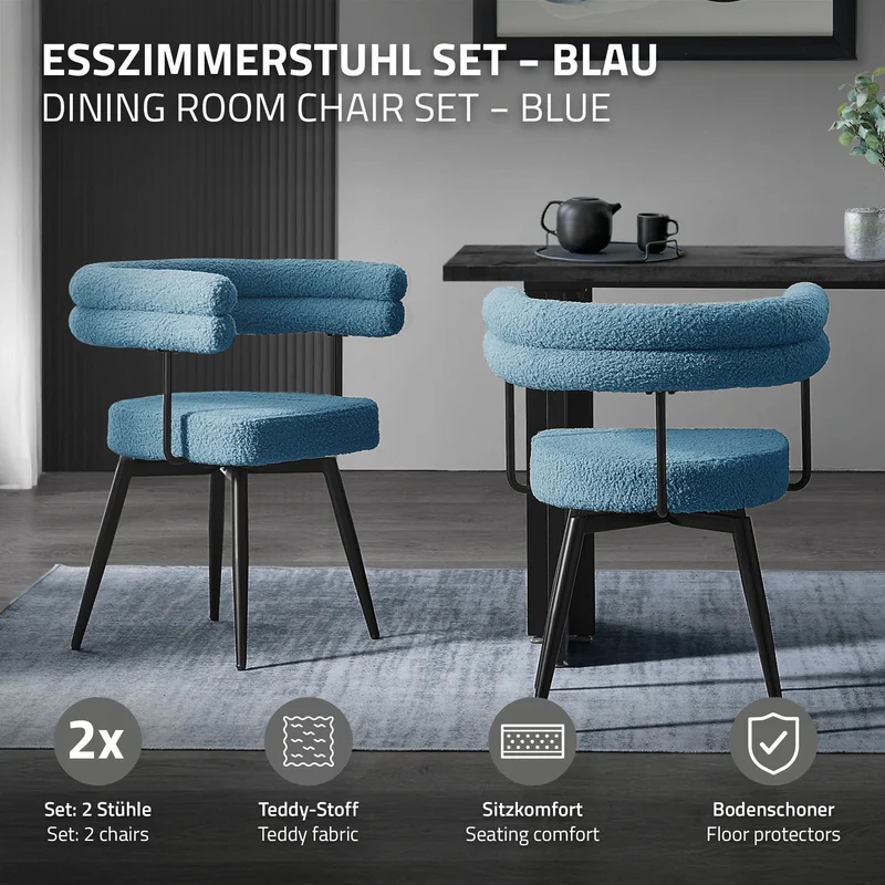 2er Set Esszimmerstühle 360° drehbar in Blau Teddy-Stoff mit Arm- und Rückenlehnen Küchenstuhl ML-Design