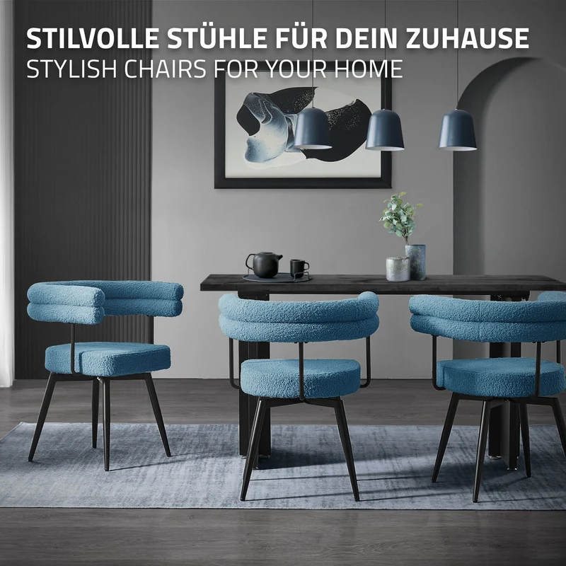 2er Set Esszimmerstühle 360° drehbar in Blau Teddy-Stoff mit Arm- und Rückenlehnen Küchenstuhl ML-Design