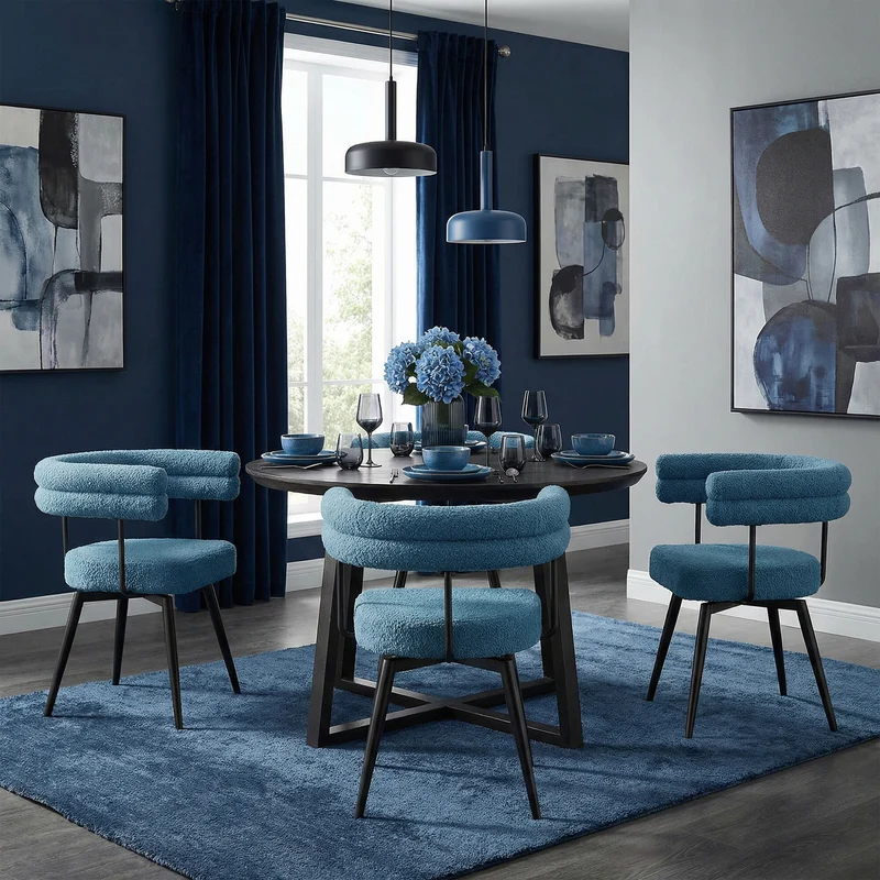 2er Set Esszimmerstühle 360° drehbar in Blau Teddy-Stoff mit Arm- und Rückenlehnen Küchenstuhl ML-Design