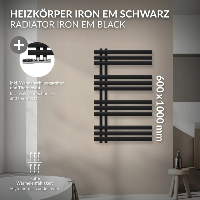 Badheizkörper Mittelanschluss 600x1000 mm Schwarz matt mit Wand Thermostatventil LuxeBath