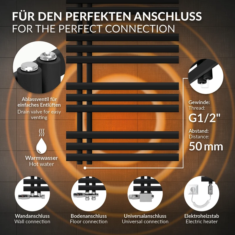Badheizkörper Mittelanschluss 600x1000 mm Schwarz matt mit Wand Thermostatventil LuxeBath