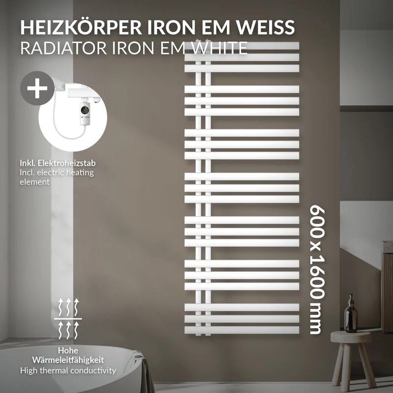 Badheizkörper Mittelanschluss 600x1600 mm Weiß mit Heizstab 900W LuxeBath