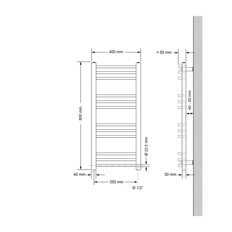 Design Badheizkörper Sahara Elektrisch mit Heizstab 600W 400x800 mm gebogen Schwarz matt Seitenanschluss LuxeBath