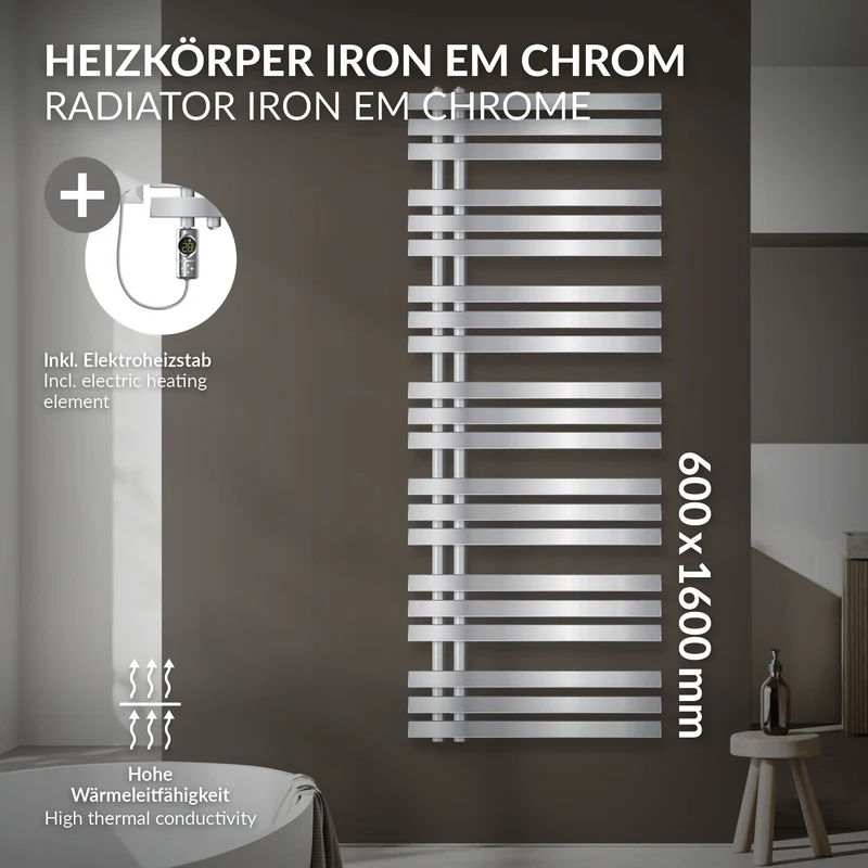 Badheizkörper Mittelanschluss 600x1600 mm Chrom mit Heizstab 900W LuxeBath