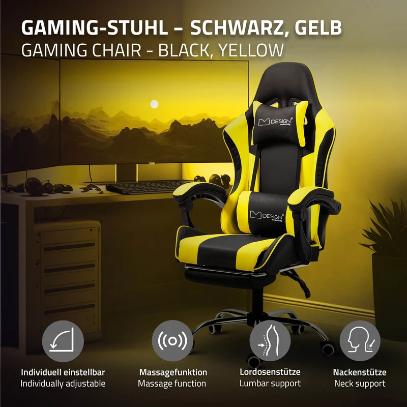 B-Ware Massage Gaming Stuhl Schwarz/Gelb aus PU-Leder ML-Design