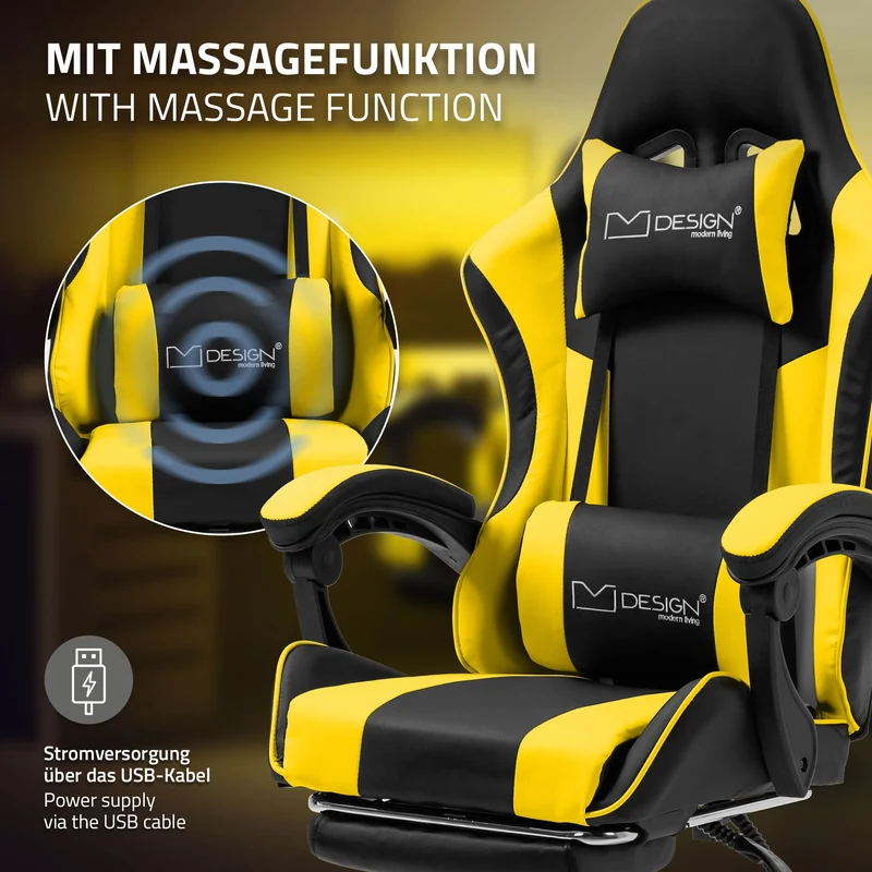 B-Ware Massage Gaming Stuhl Schwarz/Gelb aus PU-Leder ML-Design