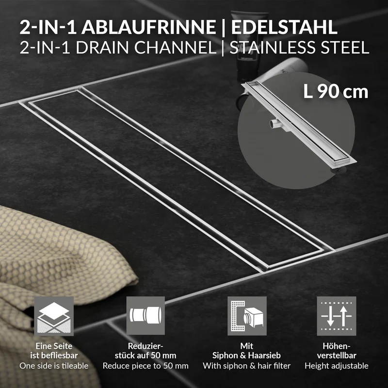 Edelstahl Duschrinne befliesbar 90 cm und Siphon Komplettset Silber flach LuxeBath