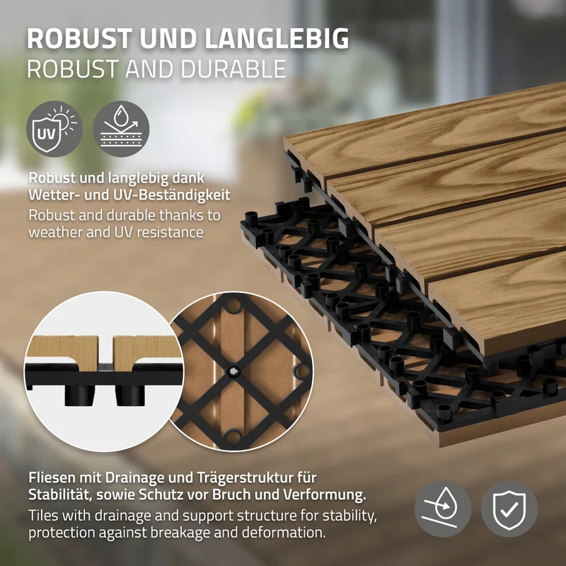 5x WPC Terrassenfliesen 30x30 cm 11er Spar Set für 1m² Teak in Holzoptik Bodenbelag mit Drainage und Klicksystem
