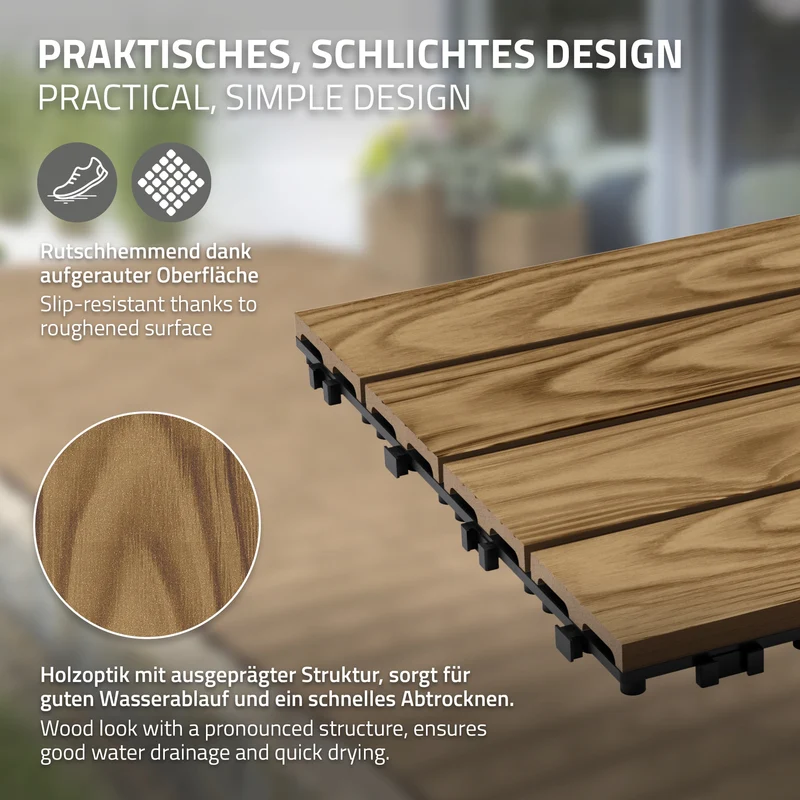 5x WPC Terrassenfliesen 30x30 cm 11er Spar Set für 1m² Teak in Holzoptik Bodenbelag mit Drainage und Klicksystem