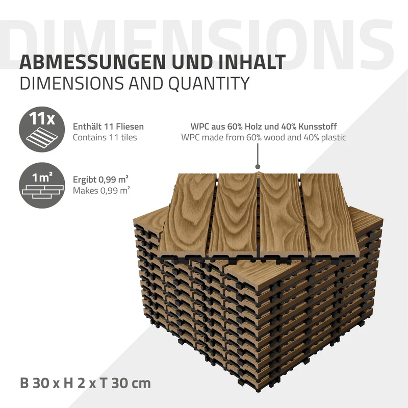 4x WPC Terrassenfliesen 30x30 cm 11er Spar Set für 1m² Teak in Holzoptik Bodenbelag mit Drainage und Klicksystem