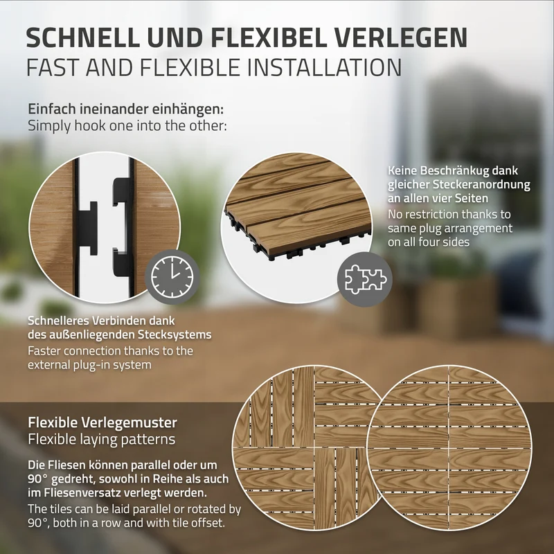 3x WPC Terrassenfliesen 30x30 cm 11er Spar Set für 1m² Teak in Holzoptik Bodenbelag mit Drainage und Klicksystem