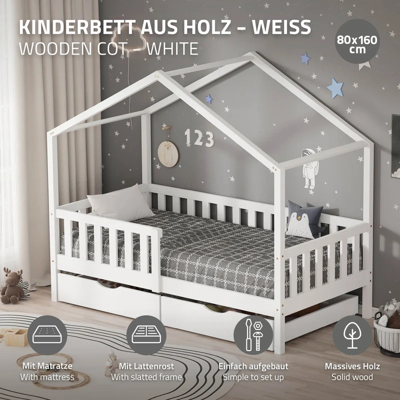 Kinderbett Hausbett 80x160 cm Weiß aus Kiefernholz mit Matratze H:10cm, 2 Schubkasten, Rausfallschutz & Lattenrost ML-Design