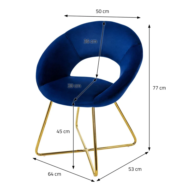 Esszimmerstuhl mit runder offener Rückenlehne Blau aus Samt mit goldenen Metallbeinen ML-Design