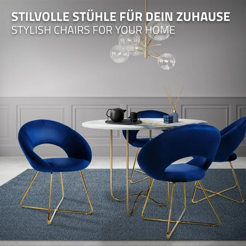 Esszimmerstuhl 6er Set mit runder Rückenlehne Blau aus Samt mit goldenen Metallbeinen ML-Design