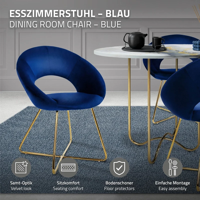 Esszimmerstuhl 4er Set mit runder Rückenlehne Blau aus Samt mit goldenen Metallbeinen ML-Design