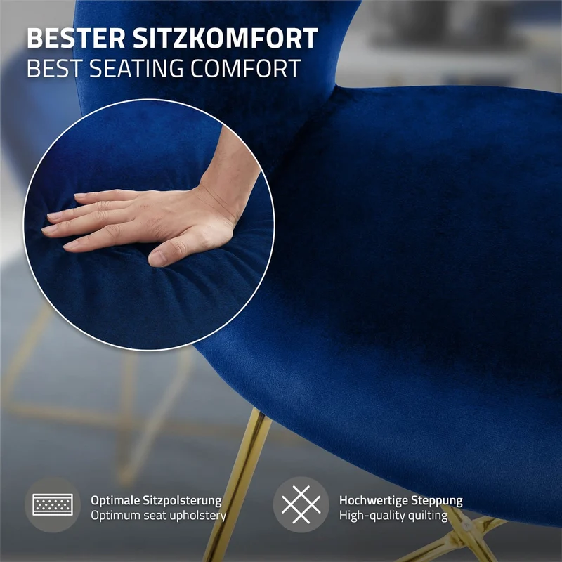 Esszimmerstuhl 4er Set mit runder Rückenlehne Blau aus Samt mit goldenen Metallbeinen ML-Design