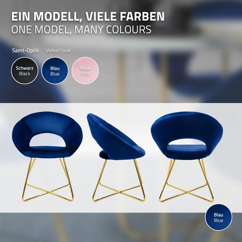 Esszimmerstuhl 4er Set mit runder Rückenlehne Blau aus Samt mit goldenen Metallbeinen ML-Design