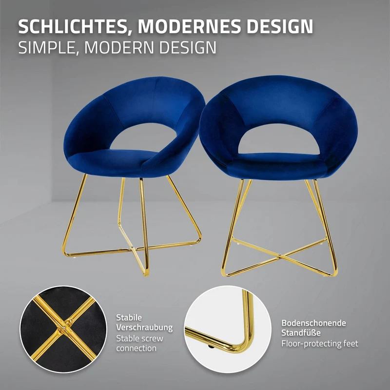 Esszimmerstuhl 2er Set mit runder offener Rückenlehne Blau aus Samt mit goldenen Metallbeinen ML-Design