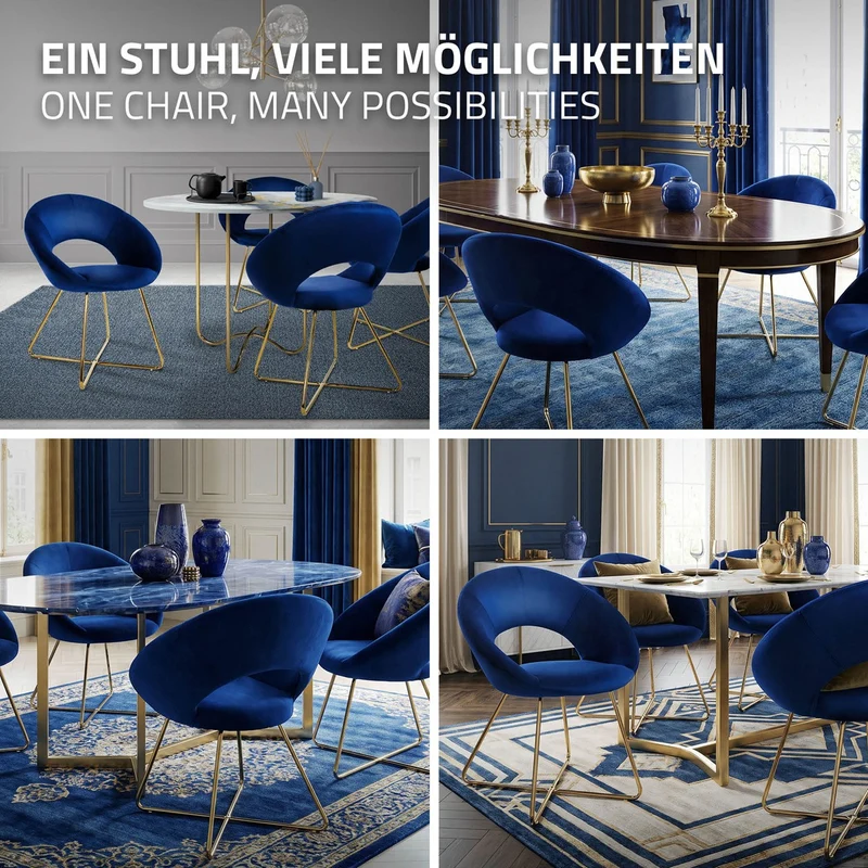 Esszimmerstuhl 2er Set mit runder offener Rückenlehne Blau aus Samt mit goldenen Metallbeinen ML-Design