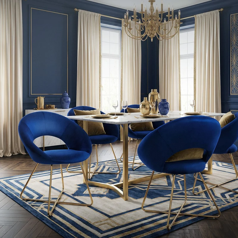 Esszimmerstuhl 2er Set mit runder offener Rückenlehne Blau aus Samt mit goldenen Metallbeinen ML-Design