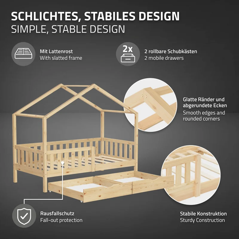 Kinderbett Hausbett 80x160 cm Natur aus Kiefernholz mit Matratze H:10cm, 2 Schubkasten, Rausfallschutz & Lattenrost ML-Design