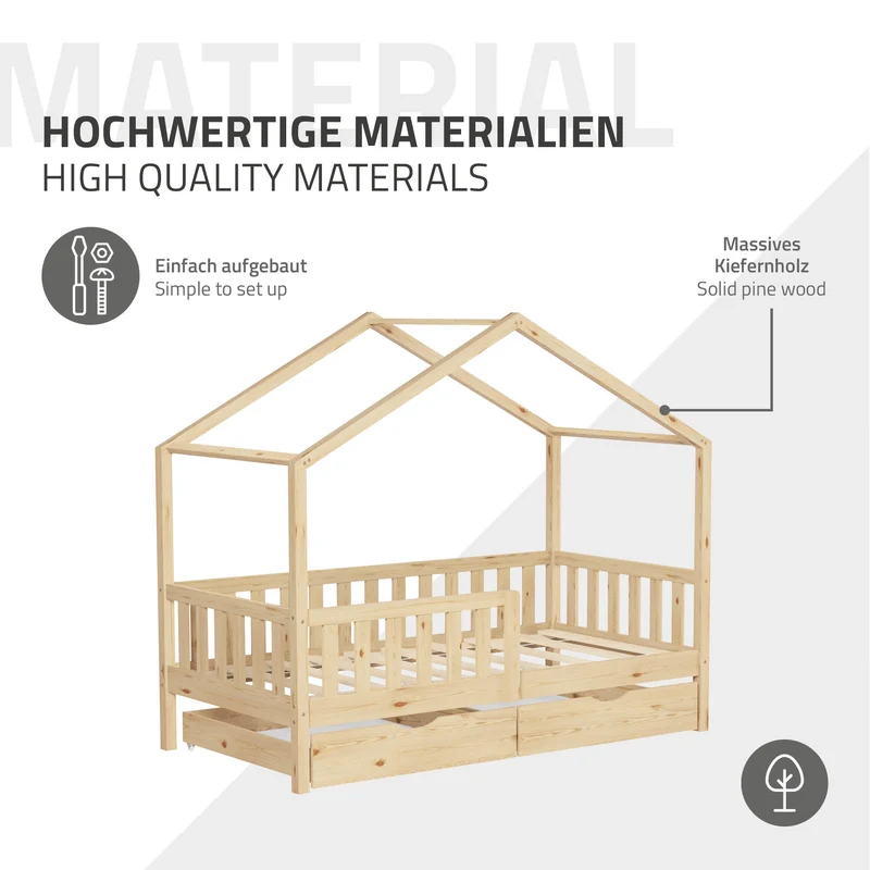 Kinderbett Hausbett 80x160 cm Natur aus Kiefernholz mit Matratze H:10cm, 2 Schubkasten, Rausfallschutz & Lattenrost ML-Design