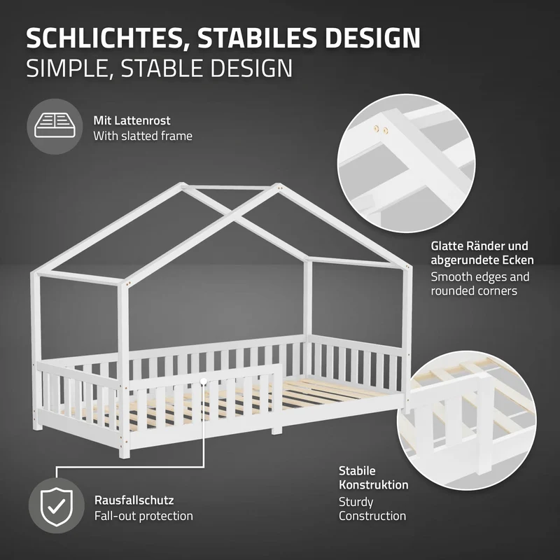 Kinderbett Hausbett 90x200 cm Weiß aus Kiefernholz mit Matratze H:10cm Rausfallschutz und Lattenrost ML-Design