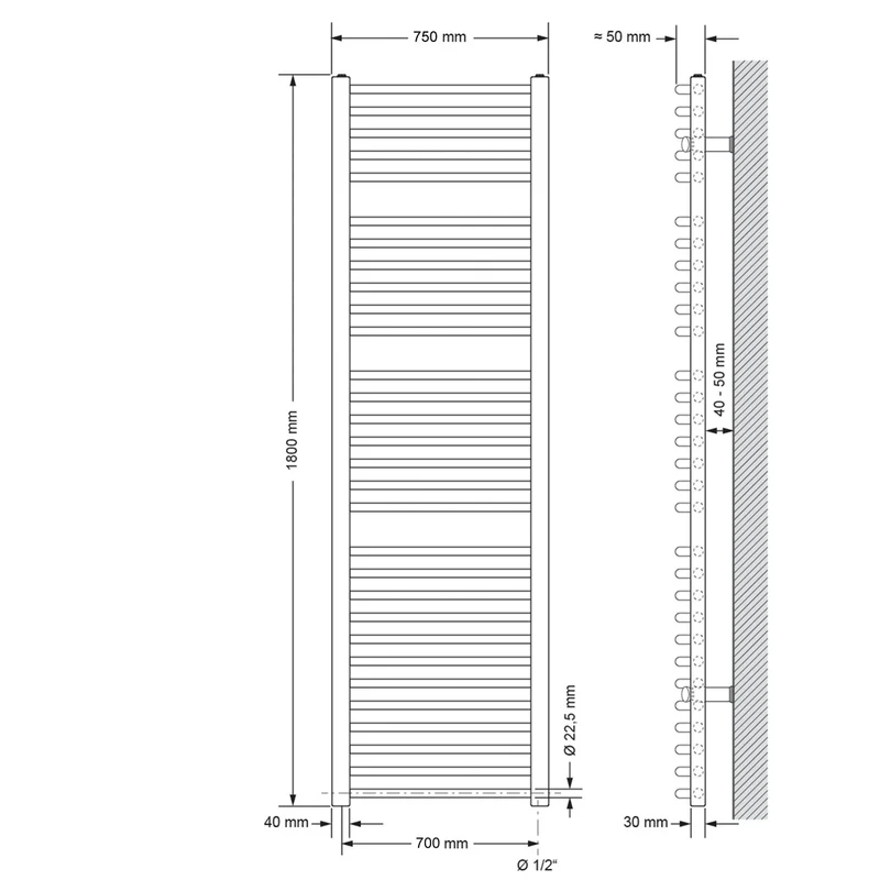 Elektrischer Badheizkörper mit Heizstab 1200W 750x1800 mm Weiß gebogen mit Seitenanschluss LuxeBath