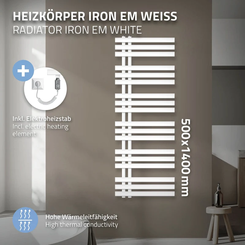Designheizkörper Iron EM mit Heizstab 1200W 500x1400 mm Weiß