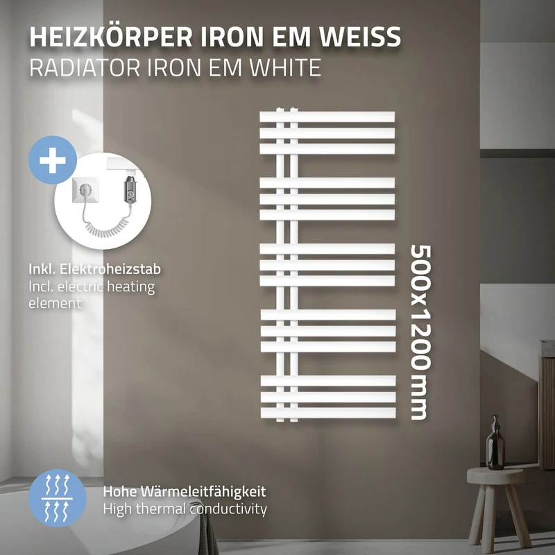 Badheizkörper Iron EM mit Heizstab 1200W 500x1200 mm Weiß