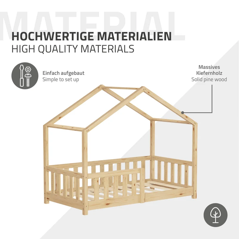 Kinderbett Hausbett 70x140 cm Natur aus Kiefernholz mit Matratze H:10cm Rausfallschutz und Lattenrost ML-Design