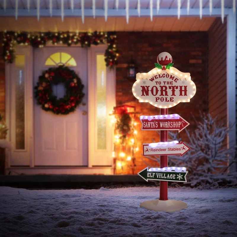 Weihnachtsdeko Wegweiser 95cm 59 bunte LEDs Innen/Außen Nordpol Wetterfest